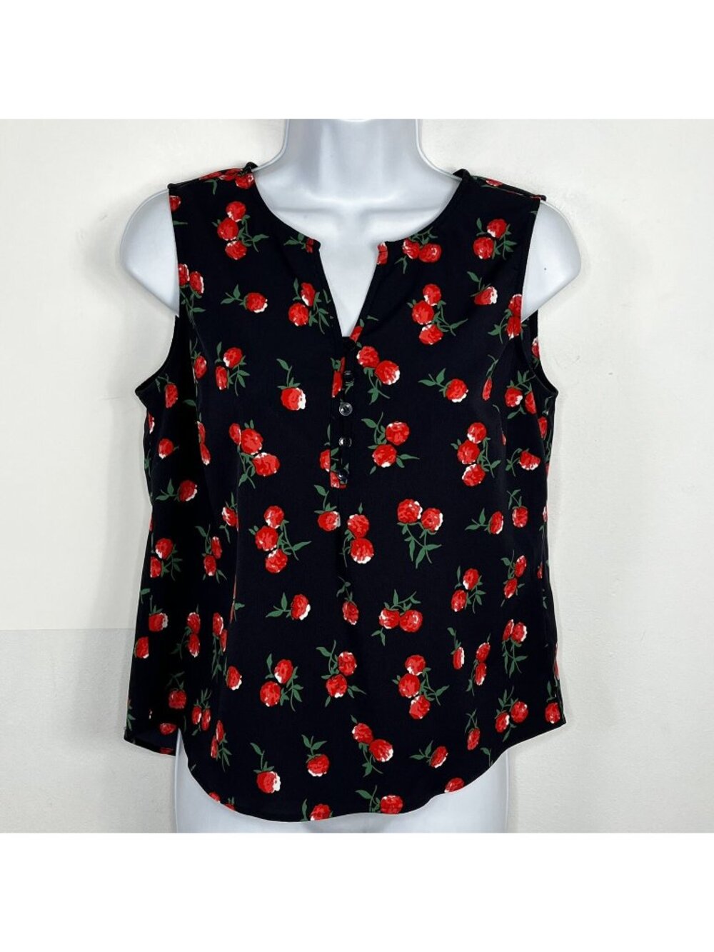 Talbots Petites Sleeveless Floral Navy Red Button Front Blouse SP